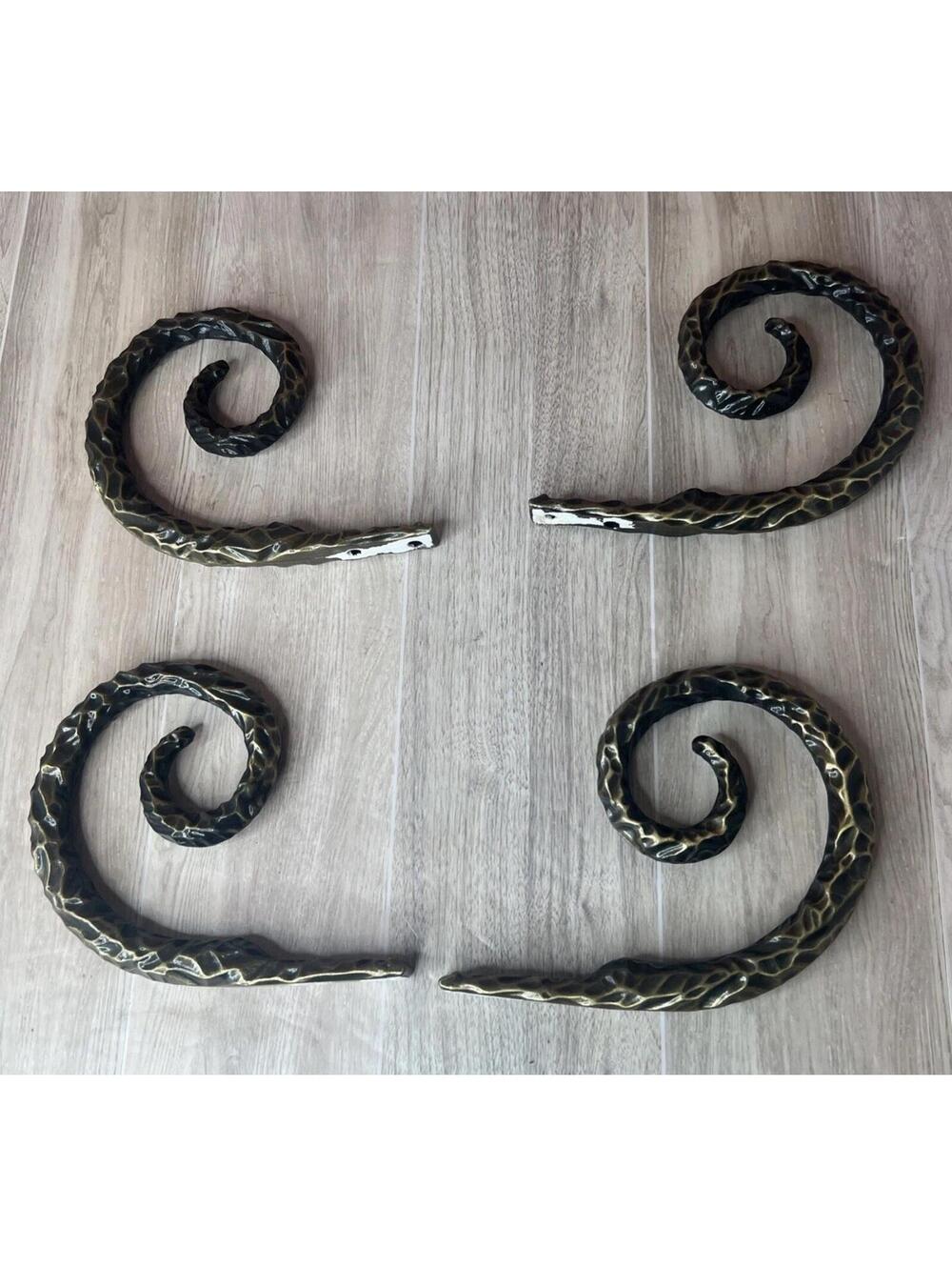 MCM Brass Swirl Curtain Holders Hammered Textured Curly Q Mid Century Modern